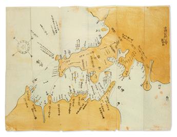 (JAPAN -- PERRY.) Color woodblock map of Uraga and Edo Bay showing the course of Commodore Perrys Black Ship squadron.
